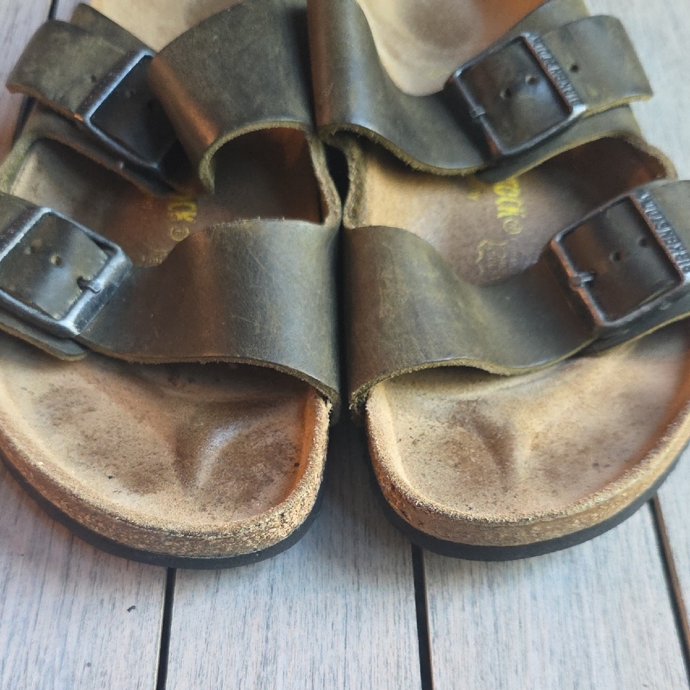 Birkenstock Olive Leather Slide Sandals - Picture 5 of 6